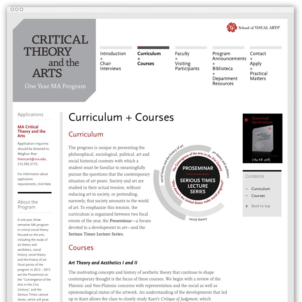 Critical Theory and the Arts curriculum webpage